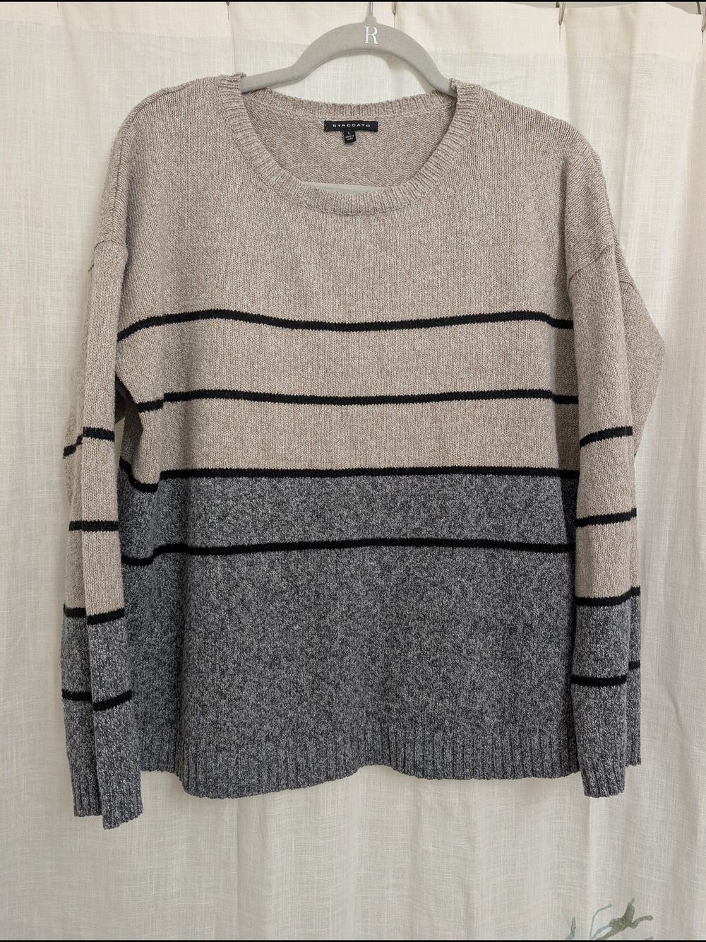 Staccato Color Block Sweater Large Beige Gray Striped Knit